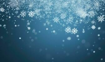 ai generiert fallen Schneeflocken auf Blau Hintergrund. verschwommen Schneeflocken. Weihnachten Hintergrund. foto