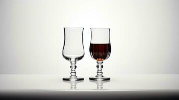 ai generativ zwei Brille von Brandy auf ein Weiß Hintergrund. leeren Glas und voll Glas auf Tisch. foto