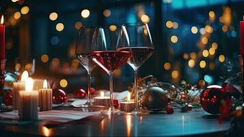 Brille von Wein auf ein Tabelle mit Weihnachten Dekorationen und Bokeh. ai generativ foto