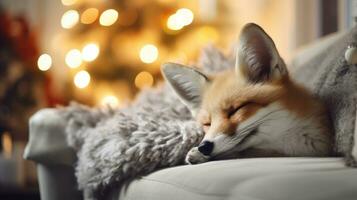 süß wenig Fuchs Schlafen auf Sofa im Zimmer mit Weihnachten Baum und Beleuchtung ai generiert foto