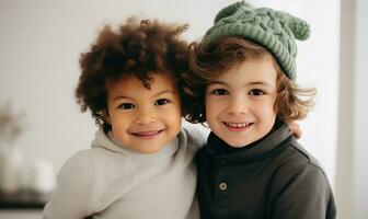 zwei Kinder im Winter Kranz lächelnd zusammen. Familie Konzept. ai generiert foto