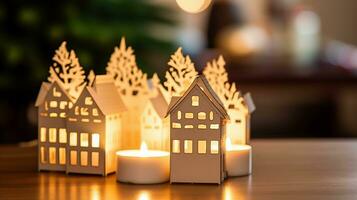 Kerze Halter gestalten Häuser mit Kerzen. Gemütlichkeit Zuhause Dekorationen zum das Weihnachten Feiertage. ai generativ foto