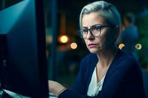 ziemlich mittleren Alters Frau Arbeiten im das Büro beim das Computer spät beim Nacht foto