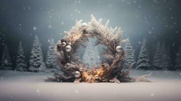 ai generativ Winter Wald mit Schnee bedeckt Bäume. Weihnachten und Neu Jahr Hintergrund. Weihnachten Kranz mit leeren Raum zum Text. foto