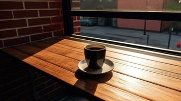 Tasse von Kaffee auf ein hölzern Tabelle im Vorderseite von ein Fenster. ai generiert Bild foto