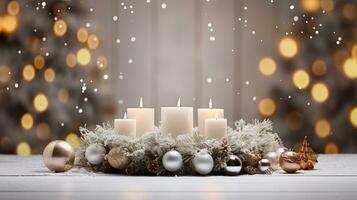 ai generativ Weihnachten Dekoration mit Kerzen und Kugeln auf Bokeh Hintergrund foto