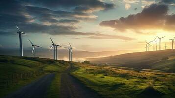 ai generativ Wind Turbinen beim Sonnenaufgang im das Landschaft. Grün Energie, Natur Hintergrund. foto