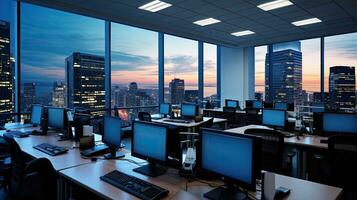 ai generativ modern Büro Innere mit Stadt Aussicht und Wolkenkratzer im das Hintergrund foto