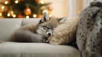 ai generiert süß wenig Fuchs Schlafen auf Sofa im Zimmer mit Weihnachten Baum und Beleuchtung foto