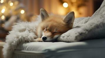 süß wenig Fuchs Schlafen auf Sofa im Zimmer mit Weihnachten Baum und Beleuchtung ai generiert foto
