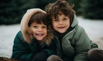 zwei Kinder lächelnd zusammen. Winter Jahreszeit. Sonnenuntergang Licht. ai generiert foto