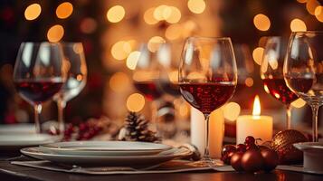 ai generativ Weihnachten Tabelle Rahmen mit Brille von rot Wein, Kerzen und Weihnachten Dekorationen foto