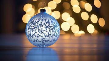 ai generativ Blau Weihnachten Ball auf hölzern Hintergrund mit Bokeh Beleuchtung. foto