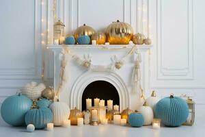 Innere von ein Weiß Zimmer mit ein Kamin, Kerzen und dekorativ Kürbisse. Herbst Zuhause Dekor Konzept. ai generativ. foto