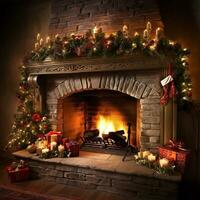 Kamin mit Weihnachten Baum Dekorationen, Kerzen und die Geschenke. gemütlich Weihnachten heim. ai generativ. foto