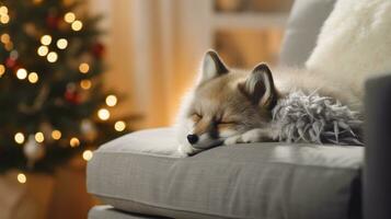 süß wenig Fuchs Schlafen auf Sofa im Zimmer mit Weihnachten Baum und Beleuchtung ai generiert foto