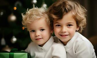 ai generiert zwei Kinder auspacken Weihnachten die Geschenke zusammen. Brüder im Weiß Kranz in der Nähe von Weihnachten Baum. Familie Konzept. foto