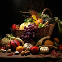 ai generativ Herbst immer noch Leben mit Kürbisse, Beeren und Blätter auf hölzern Hintergrund foto