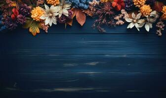 ai generiert Herbst Blumen Rahmen auf hölzern Hintergrund. saisonal Gelb und rot Blumen. Herbst Hintergrund. Raum zum Text. foto