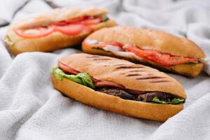 drei frisch sub Sandwiches auf ein Stoff Hintergrund foto