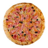 Italienisch schnell Lebensmittel. köstlich heiß Pizza mit Schinken und Champignons geschnitten foto