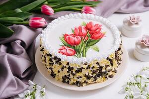 International Damen Tag Kuchen mit Blumen foto