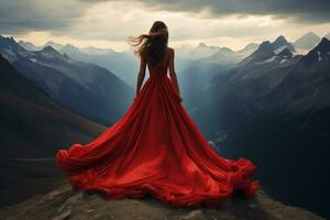 Frau im rot Kleid auf das oben von Berge. Freiheit und Erfolge Konzept. ai generativ. foto