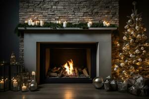 Wohnung Dachgeschoss Innere mit Weihnachten Baum, Kerzen und Dekorationen. ai generativ. foto