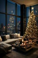 Wohnung Dachgeschoss Innere mit fröhlich Weihnachten Baum und Neu Jahr Dekorationen. ai generativ foto