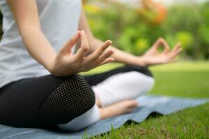 jung weiblich mit draussen Aktivitäten im das Stadt Park, Yoga ist ihr gewählt Aktivität. foto