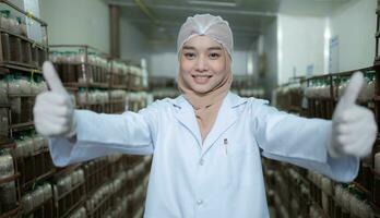 Porträt von jung asiatisch Muslim weiblich Wissenschaftler tun Forschung beim ein Pilz Fabrik, Prüfung Pilz Sauerteig Agent im ein steril und temperaturgesteuert Zimmer. foto