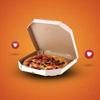 leckere Pizza im Karton isoliert auf orangefarbenem Hintergrund mit Liebessymbol foto