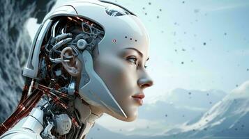 schön Cyborg Roboter Frau futuristisch Hightech Mischung von Mensch und Computer. Synergie zwischen Menschheit und künstlich Intelligenz im das Zukunft foto
