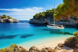 Segeln Boot auf Türkis Wasser von Calanques Bucht, Korsika Insel, Frankreich, schön Strand mit Segeln Boot Yacht, cala Macarelleta, Menorca Insel, Spanien, ai generiert foto