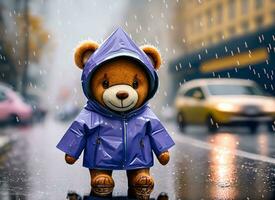 Teddy Bär tragen Regenjacke auf das Straße foto