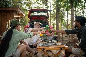 Gruppentouristen trinken Bieralkohol und spielen Gitarre zusammen mit Spaß und Glück im Sommer beim Camping foto