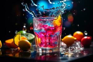 Spritzen von bunt Obst Cocktail mit glühen Licht generativ ai foto