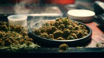 trocken Cannabis Knospen im ein Teller generativ ai foto