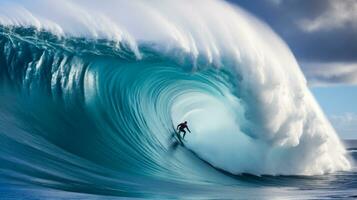 Surfer schneidet ein enorm Welle auf das Planke, Blau Wasser Tunnel generativ ai foto