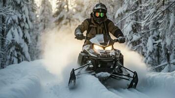 Motorschlitten fahren auf ein Wald Straße im Winter Schnee generativ ai foto