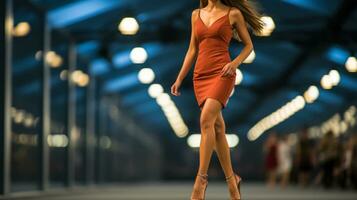 Nahansicht von das Beine von ein Modell- Gehen das Runway beim ein Mode Show im ein kurz Kleid generativ ai foto