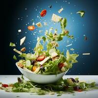 fliegend Salat durch das Luft mit Käse und Grüner Salat Essen Fotografie generativ ai foto