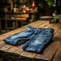 ai generiert Blau Jeans Jeans mit Holz Hintergrund foto