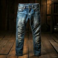 ai generiert Blau Jeans Jeans mit Holz Hintergrund foto