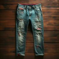 ai generiert Blau Jeans Jeans mit Holz Hintergrund foto