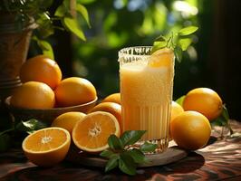 ai generiert Orange Saft auf Holz Tabelle Foto