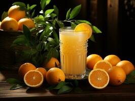 ai generiert Orange Saft auf Holz Tabelle Foto