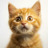 Nahansicht Porträt von ein schön Ingwer Katze. flach Tiefe von Feld. ein rot Kätzchen auf ein Weiß Hintergrund. ai generativ foto