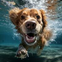 süß golden Retriever Hund Schwimmen unter Wasser und suchen beim Kamera. ai generativ foto