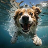 süß golden Retriever Hund Schwimmen unter Wasser und suchen beim Kamera. ai generativ foto